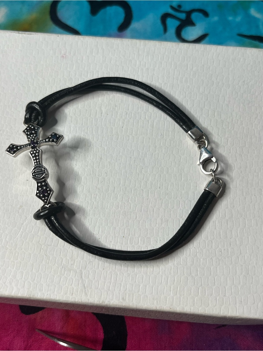 Harley-Davidson MOD Sterling Silver Amethyst Cross Leather Bracelet, 7”